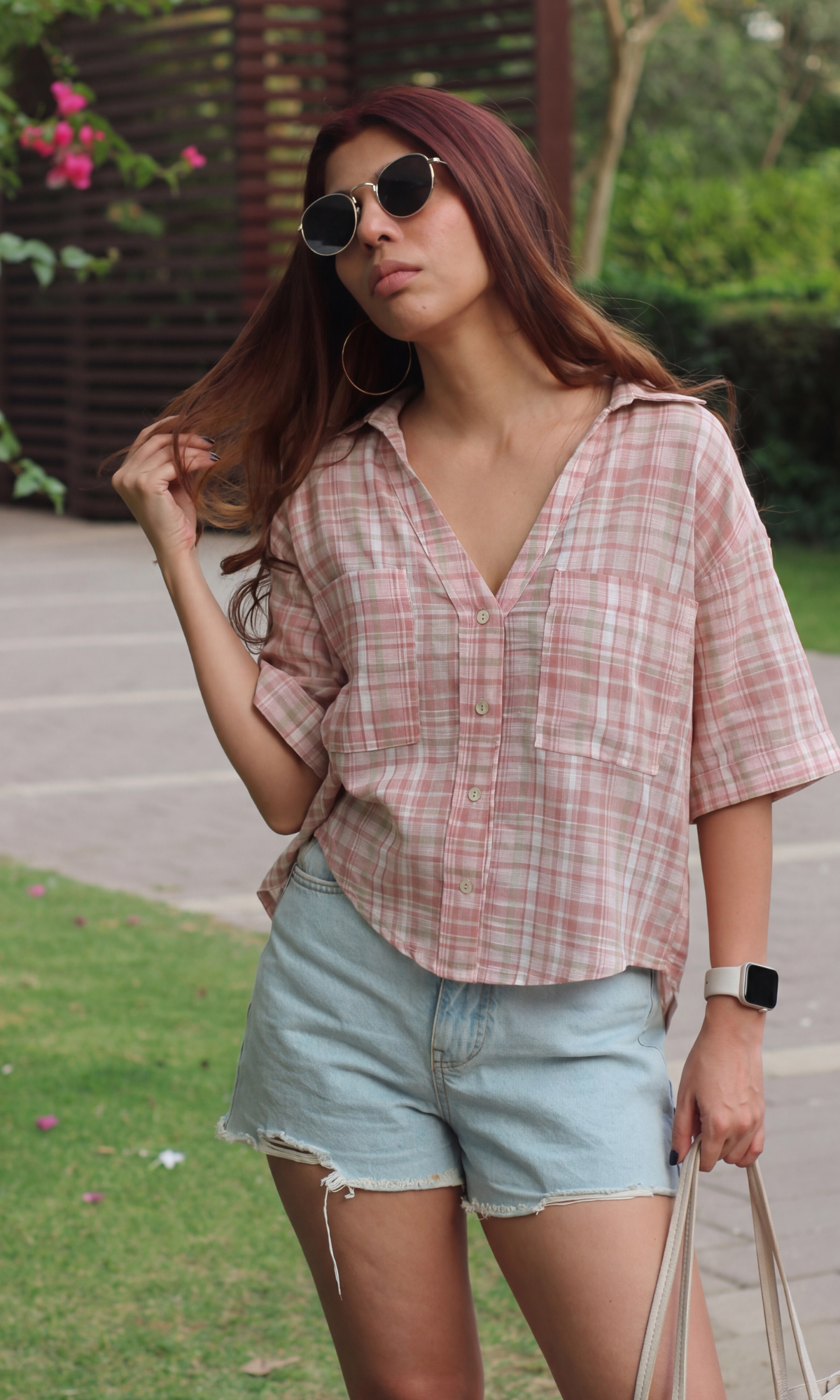 Pink Green Cotton Cropped Shirt