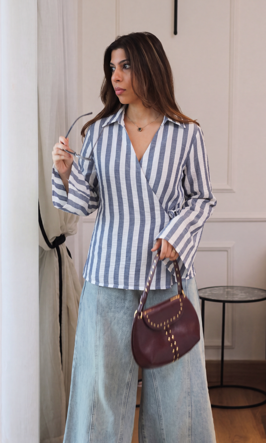 Navy Breton Stripe Bell-Sleeve Kimono Top