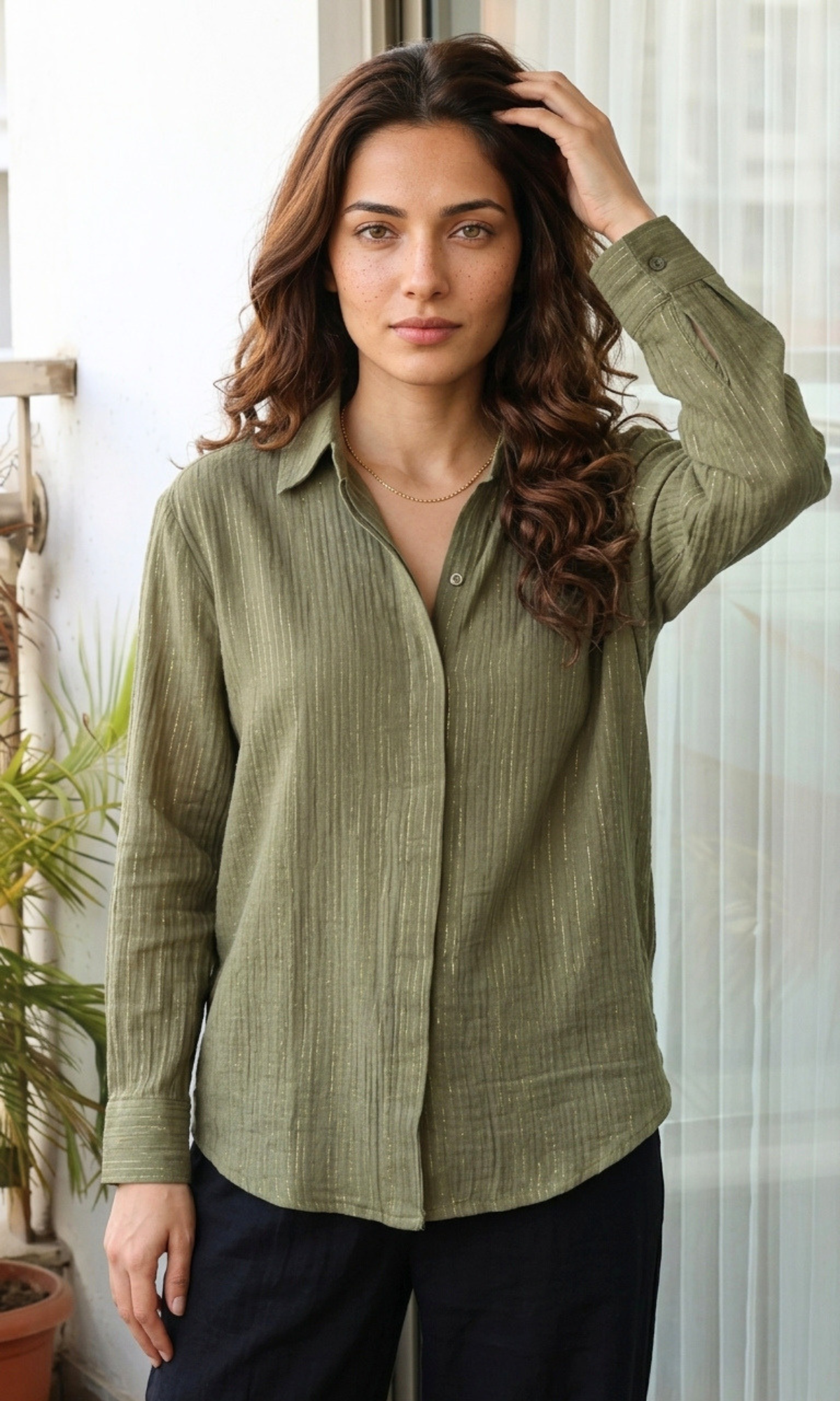 Olive Lurex Flowing Shirt