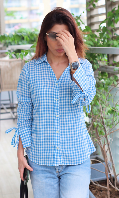 Powder Blue Check Crinkled String Detail Cotton Shirt
