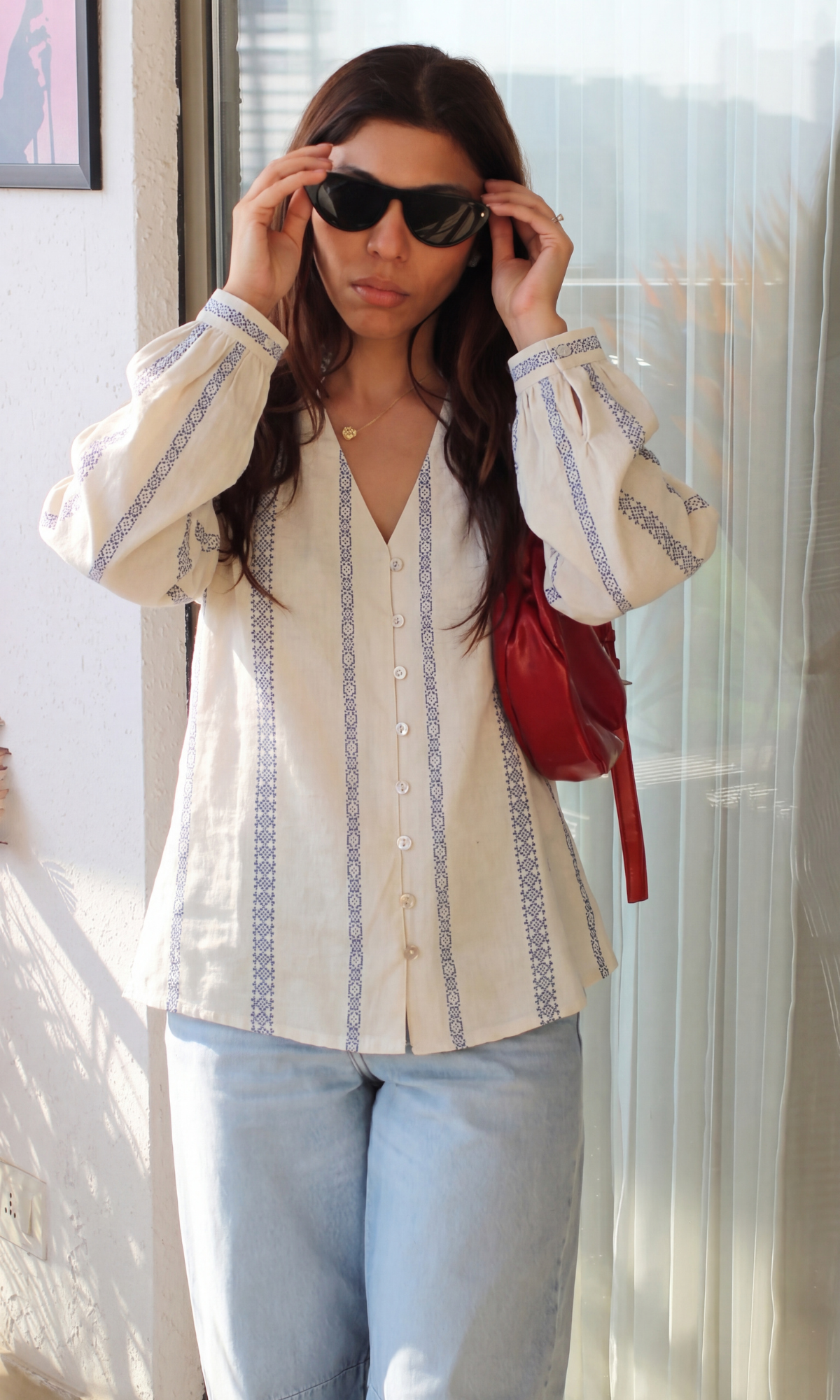 Ivory Blue Weaved Buttoned Top