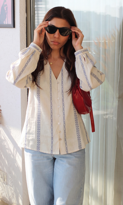 Ivory Blue Weaved Buttoned Top