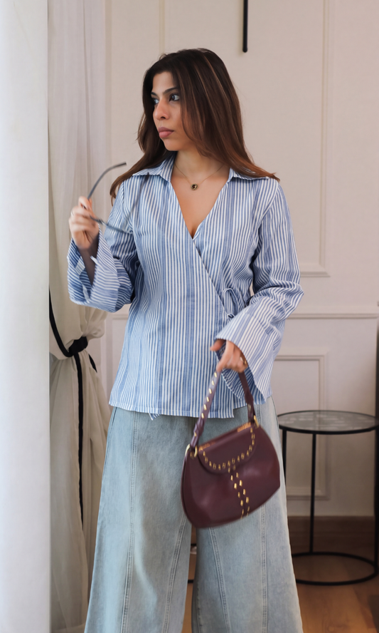 Navy Stripe Bell-Sleeve Kimono Top