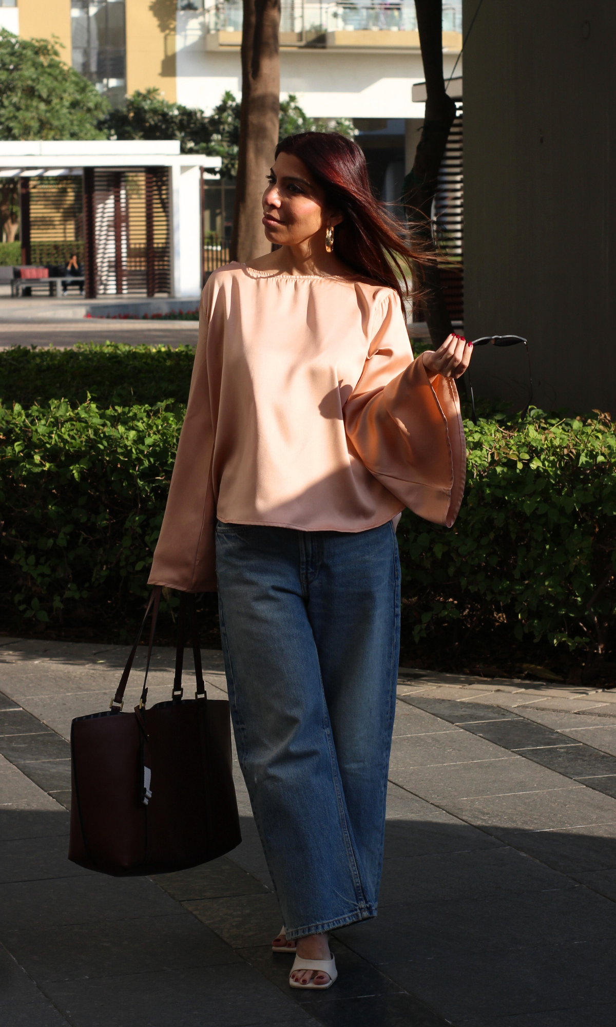 Light Apricot Flared Sleeve Satin Top