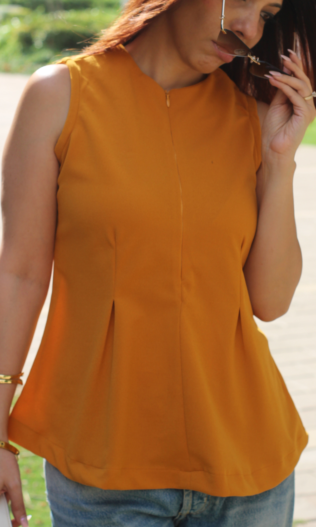 Mustard Yellow Sleek-Pleat Detail Top