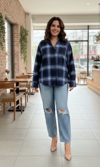 Stylish blue denim block plaid shirt with collared neckline and plaid design