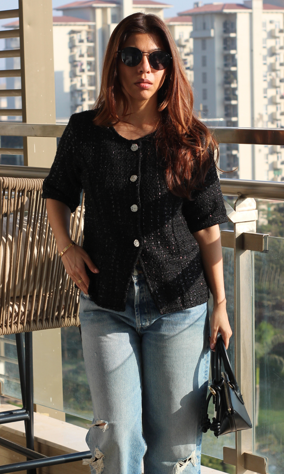 Black-Silver Tweed Round Neck Waist Coat