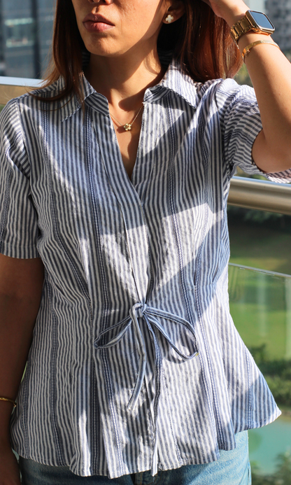 Blue Dobby Tie Detail Top