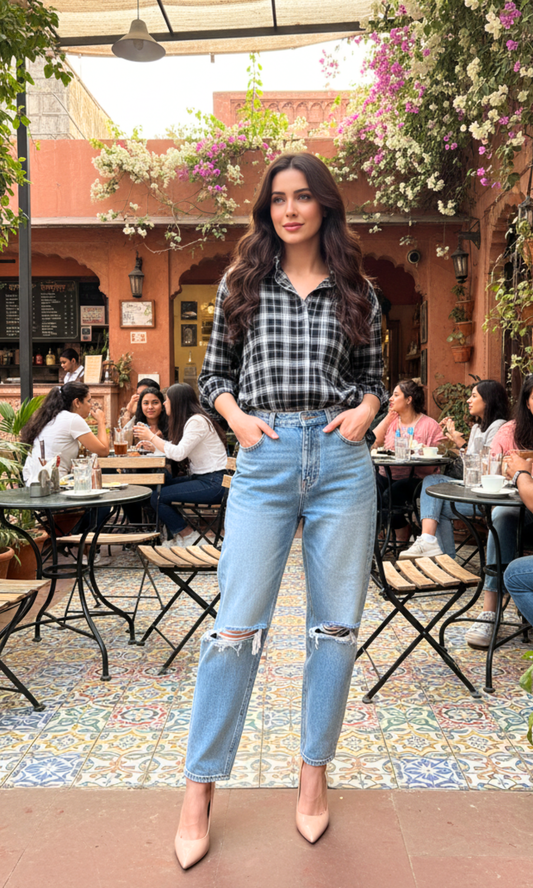 Women’s graphic noir block-plaid shirt with drop-shoulder relaxed silhouette, bold check pattern and button-down styling — perfect for casual weekends.