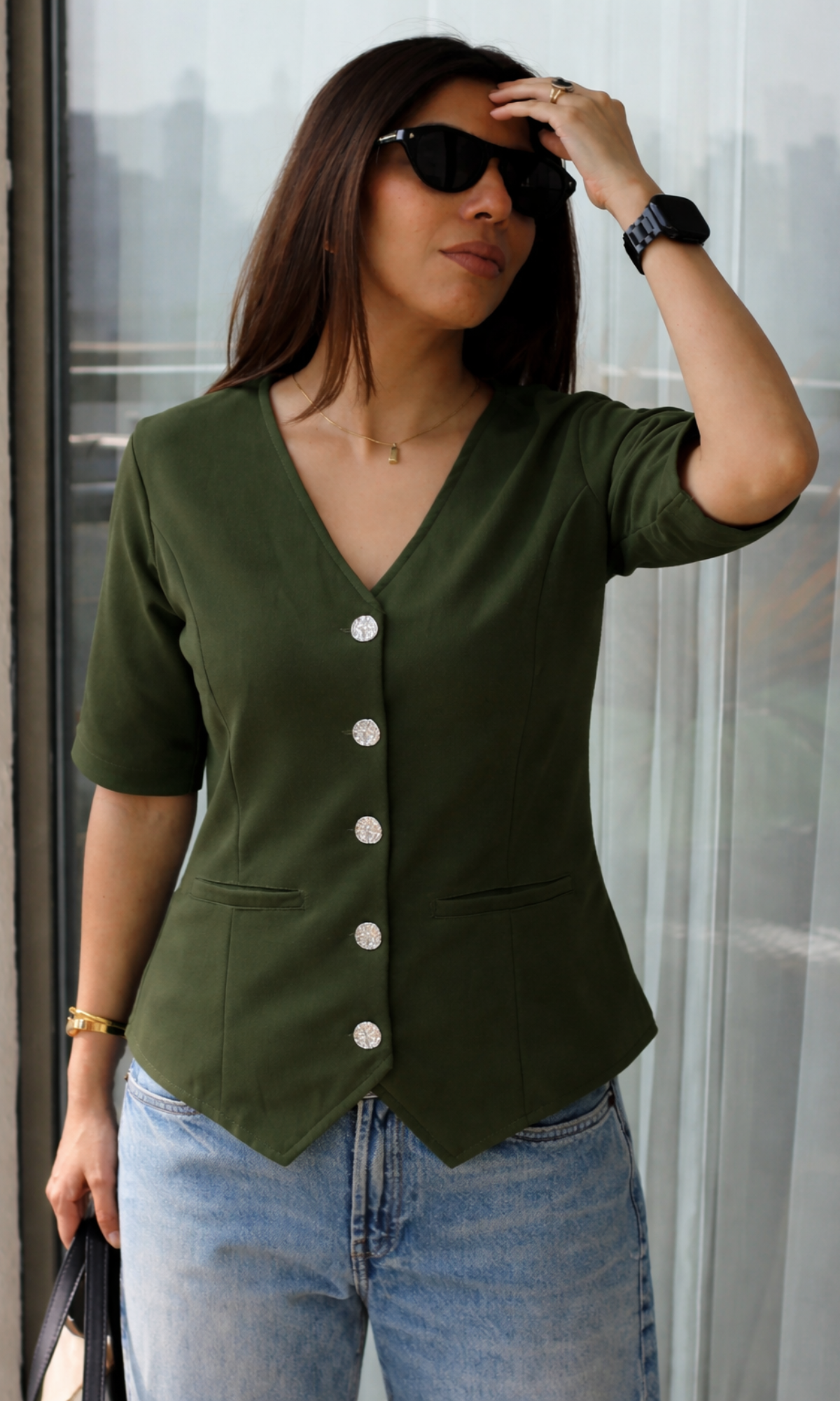 Olive Sleeved Metallic Buttoned Waist Coat