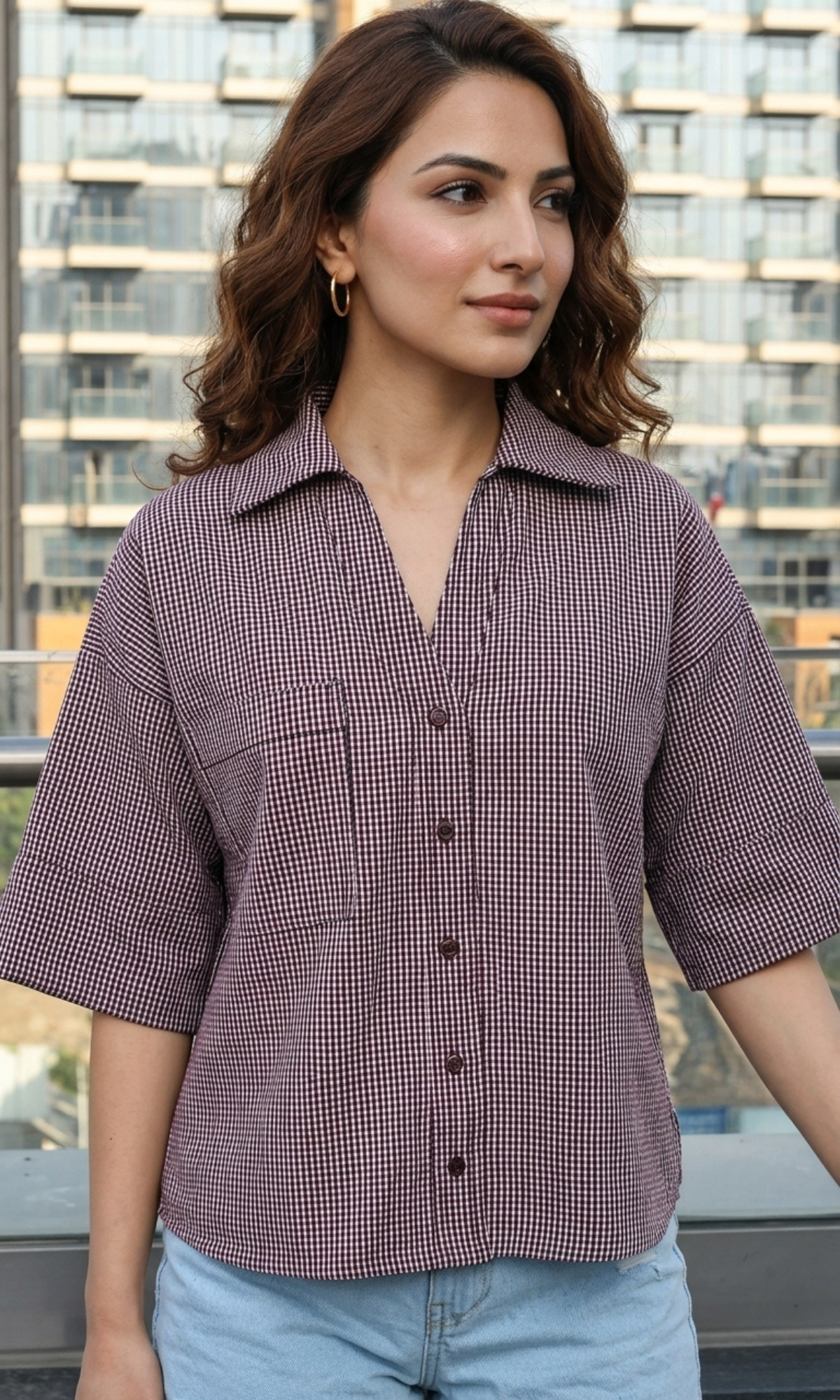 Wine Black Micro-Check Loose Shirt