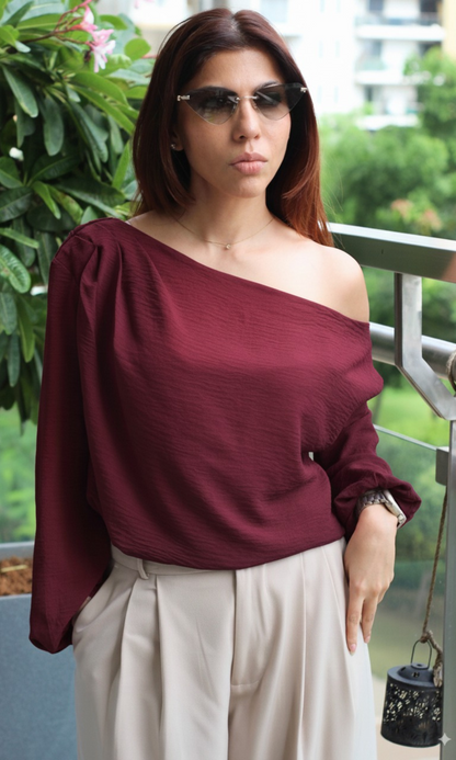 Wine Balloon Sleeved One Shoulder Top