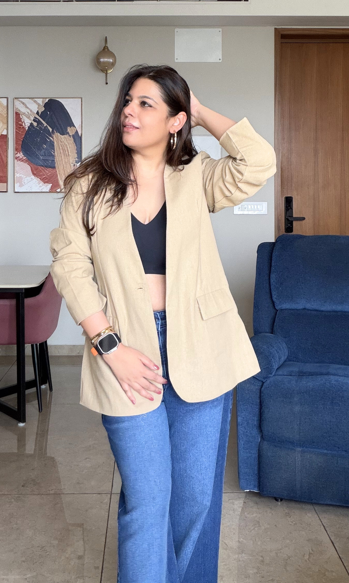 Beige Structured Linen Blend Blazer