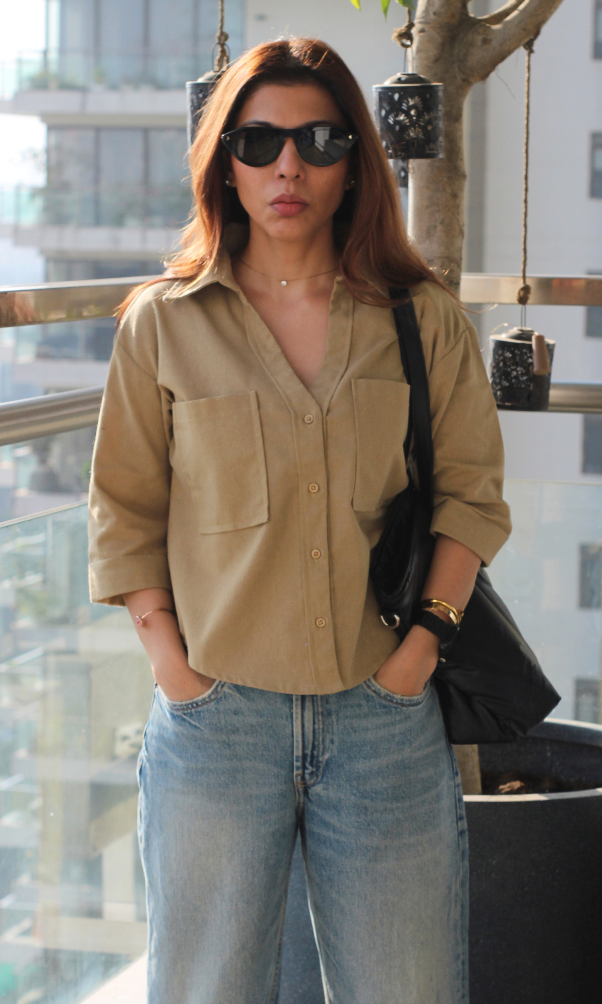 Cropped cotton shirt in canyon dusk color with lightweight texture and long sleeves