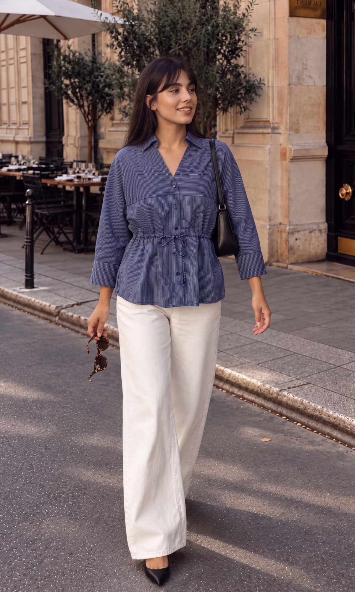 Cinched-Waist Charcoal Stripe Shirt