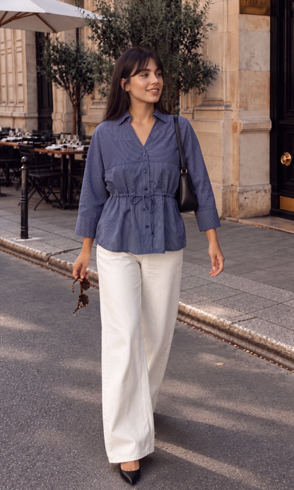 Cinched-Waist Charcoal Stripe Shirt
