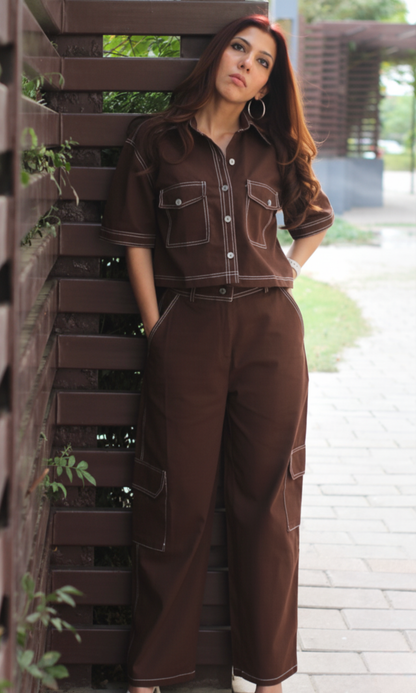 Brown Cropped Shirt with Cargo Pants