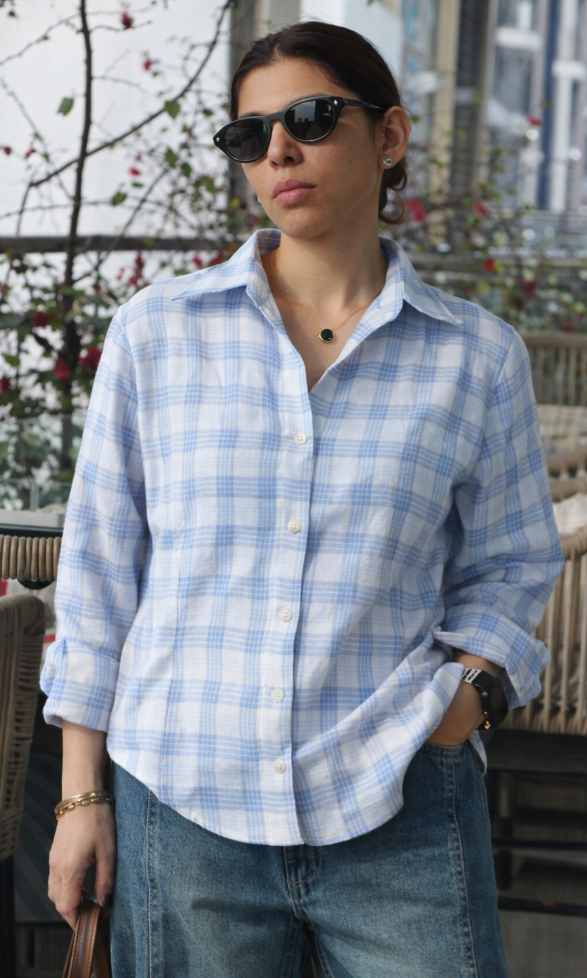 Blue-Beige Checked Peplum Shirt
