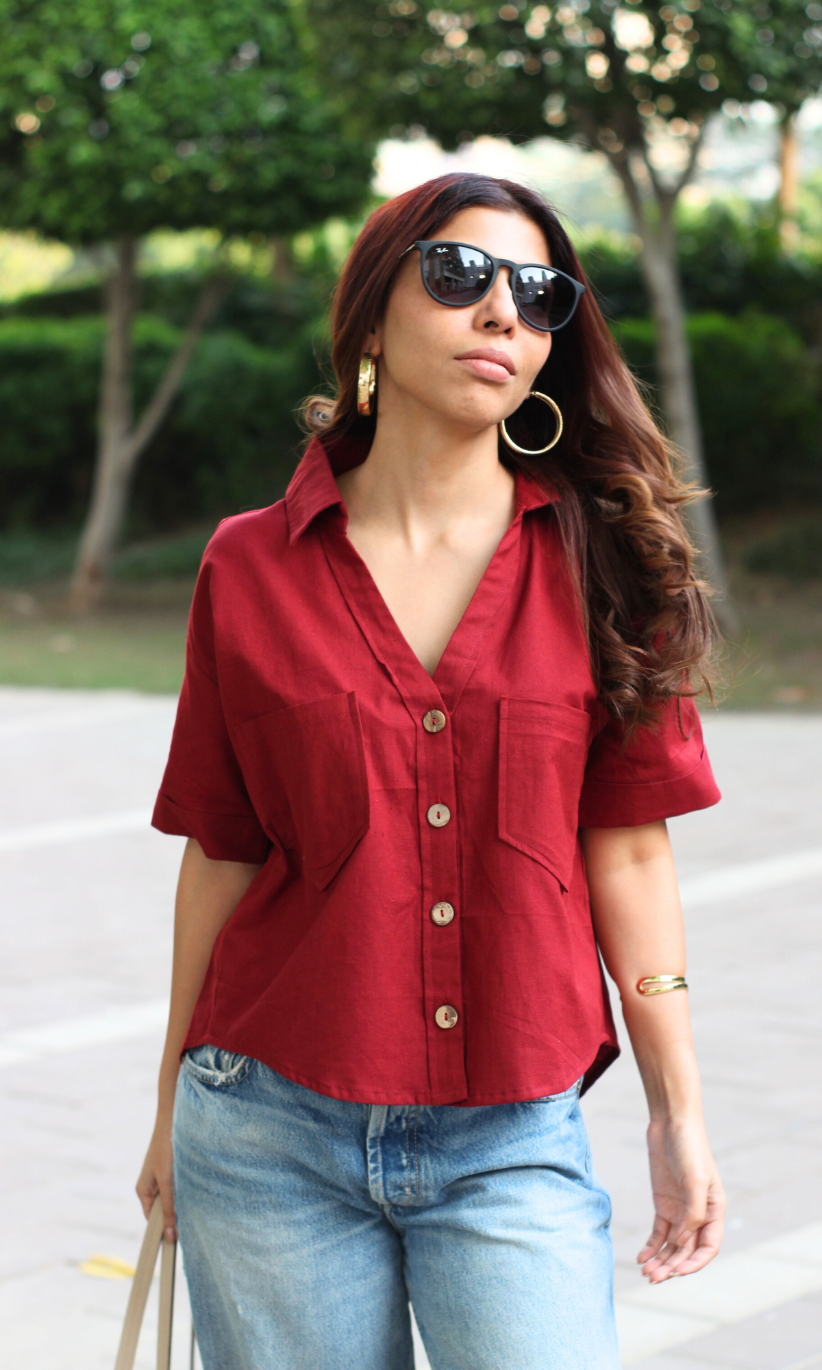 Maroon Cotton Cropped Shirt