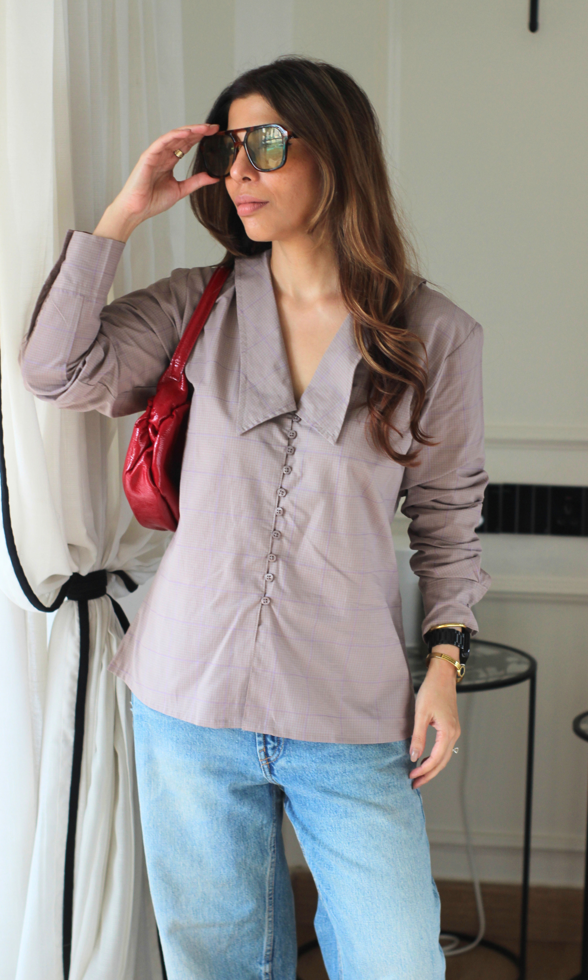 Rosewood Windowpane Oversized Collared Shirt