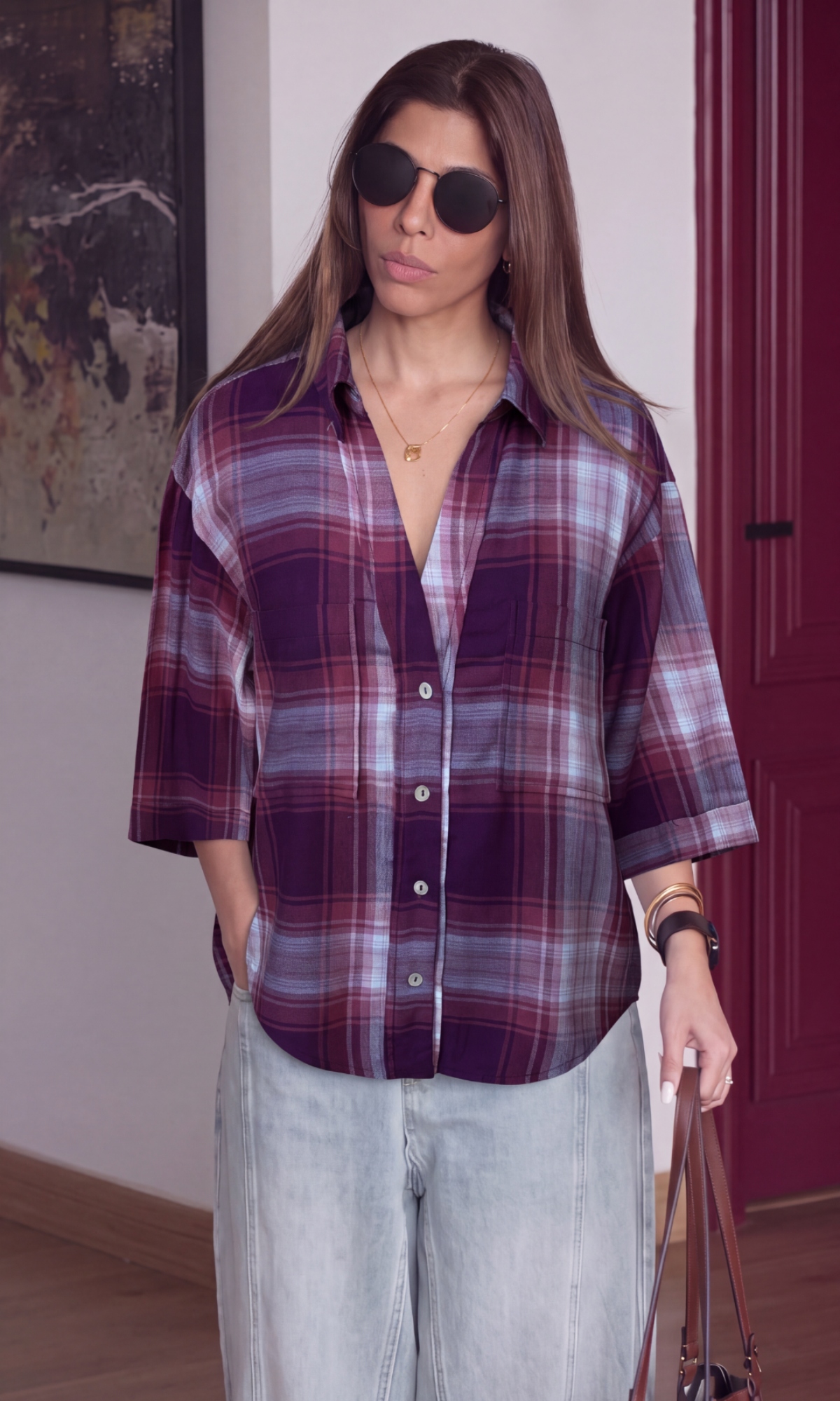 Berry Plaid Cropped Shirt