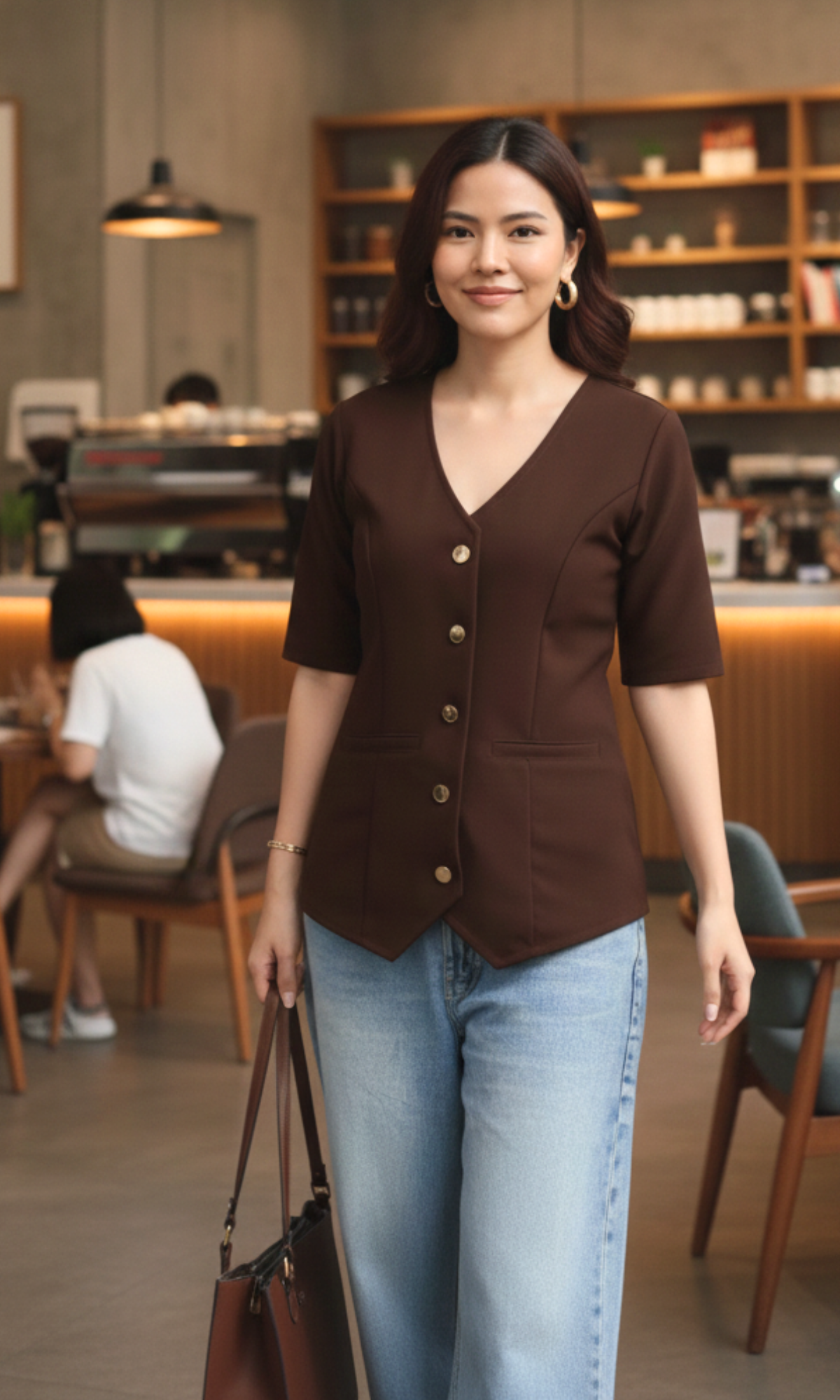 Cocoa Roast Sleeved Metallic Buttoned Waist Coat