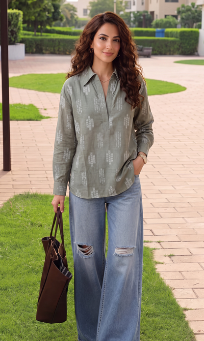 Sage Ikat Woven Popover Top