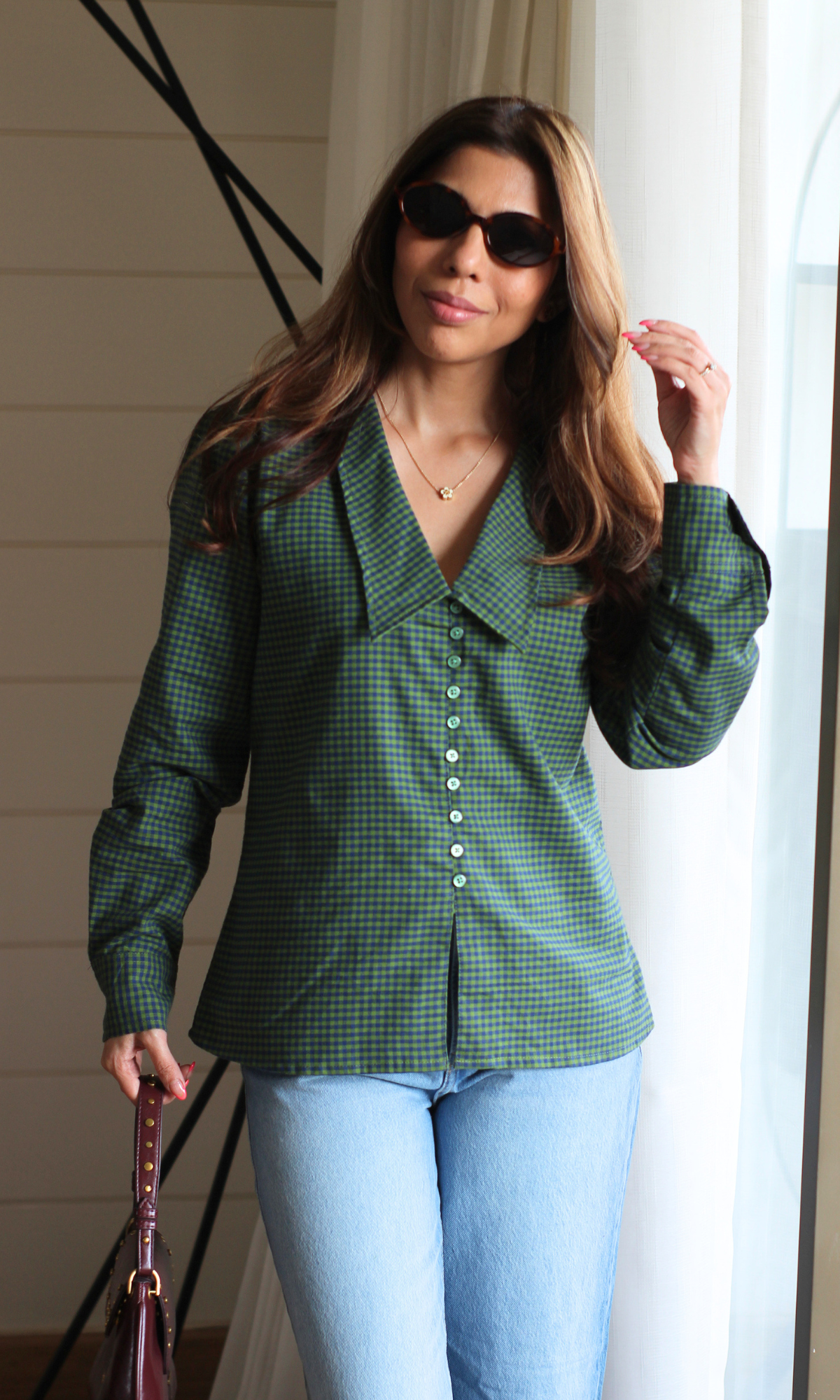 Olive Gingham Oversized Collar Shirt