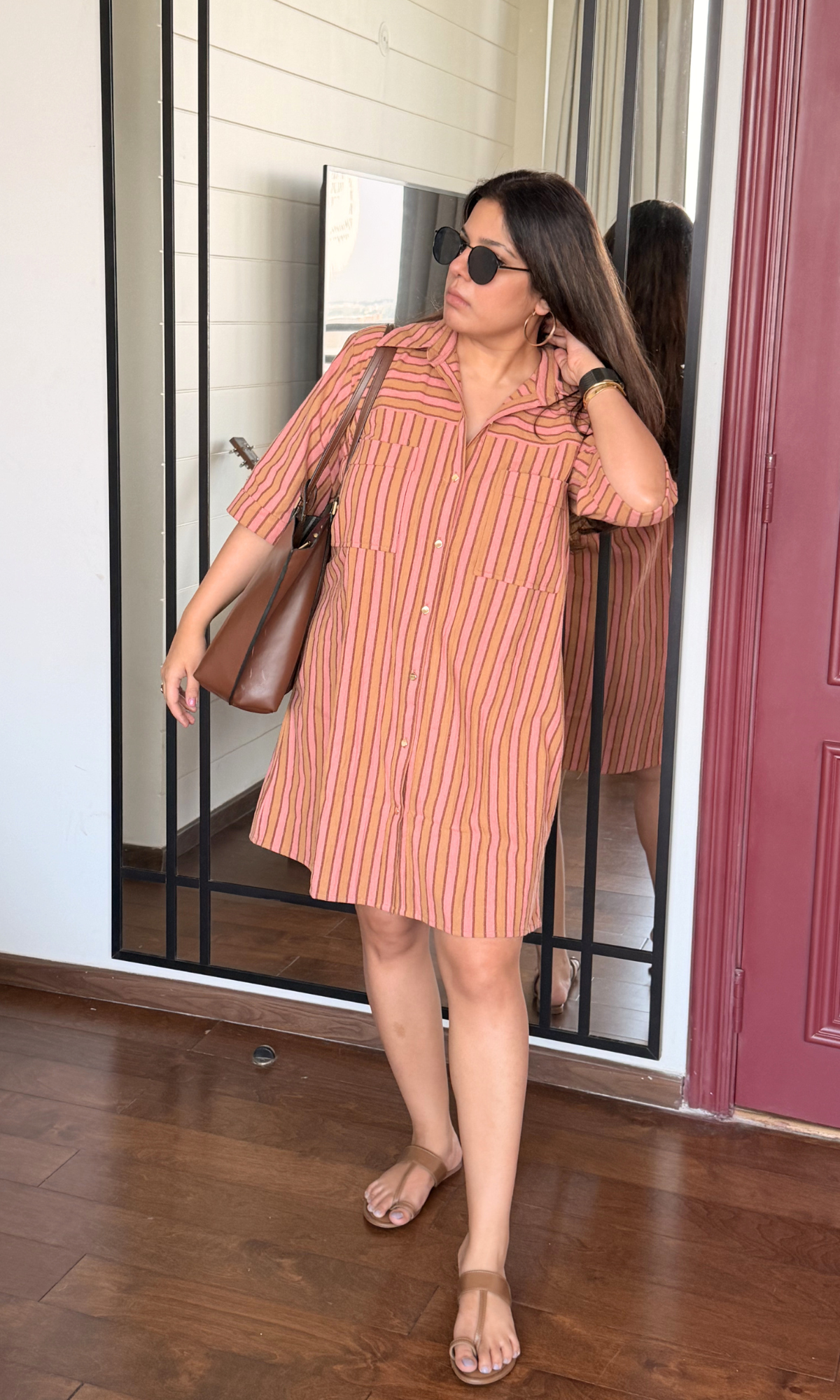 Blush Taupe Striped Shirt Dress