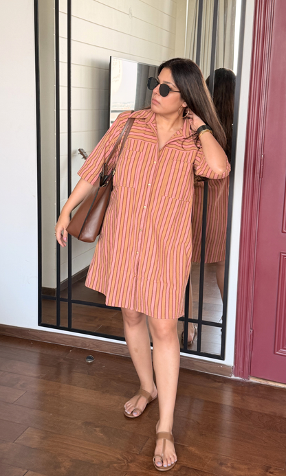 Blush Taupe Striped Shirt Dress