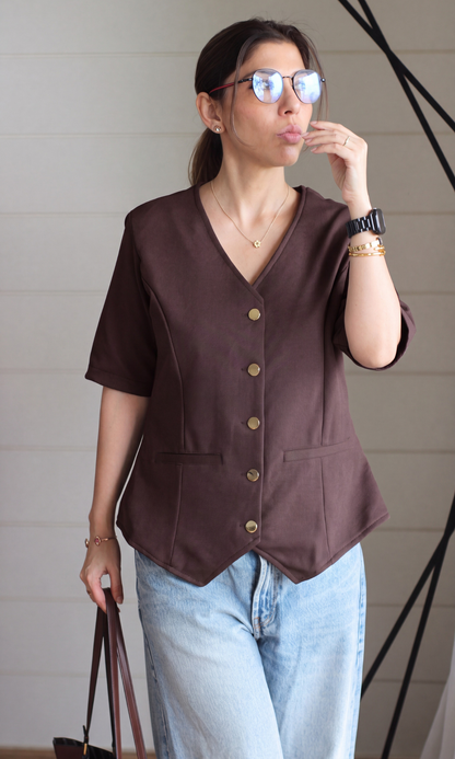 Brown Twill Gold-Button Sleeved Waistcoat