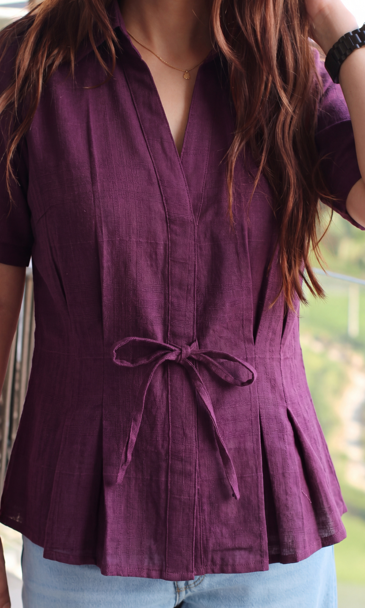Merlot Structured Tie Detail Top