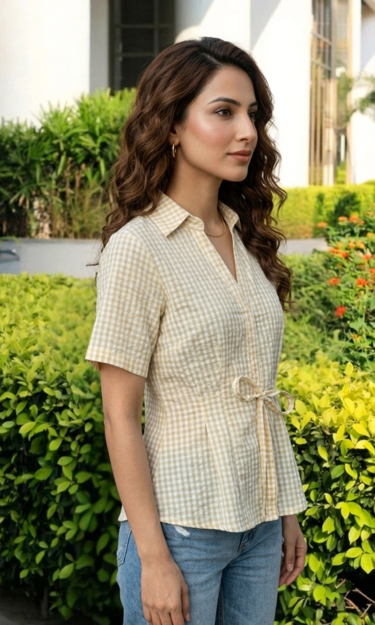 Beige Check Tie Detail Top