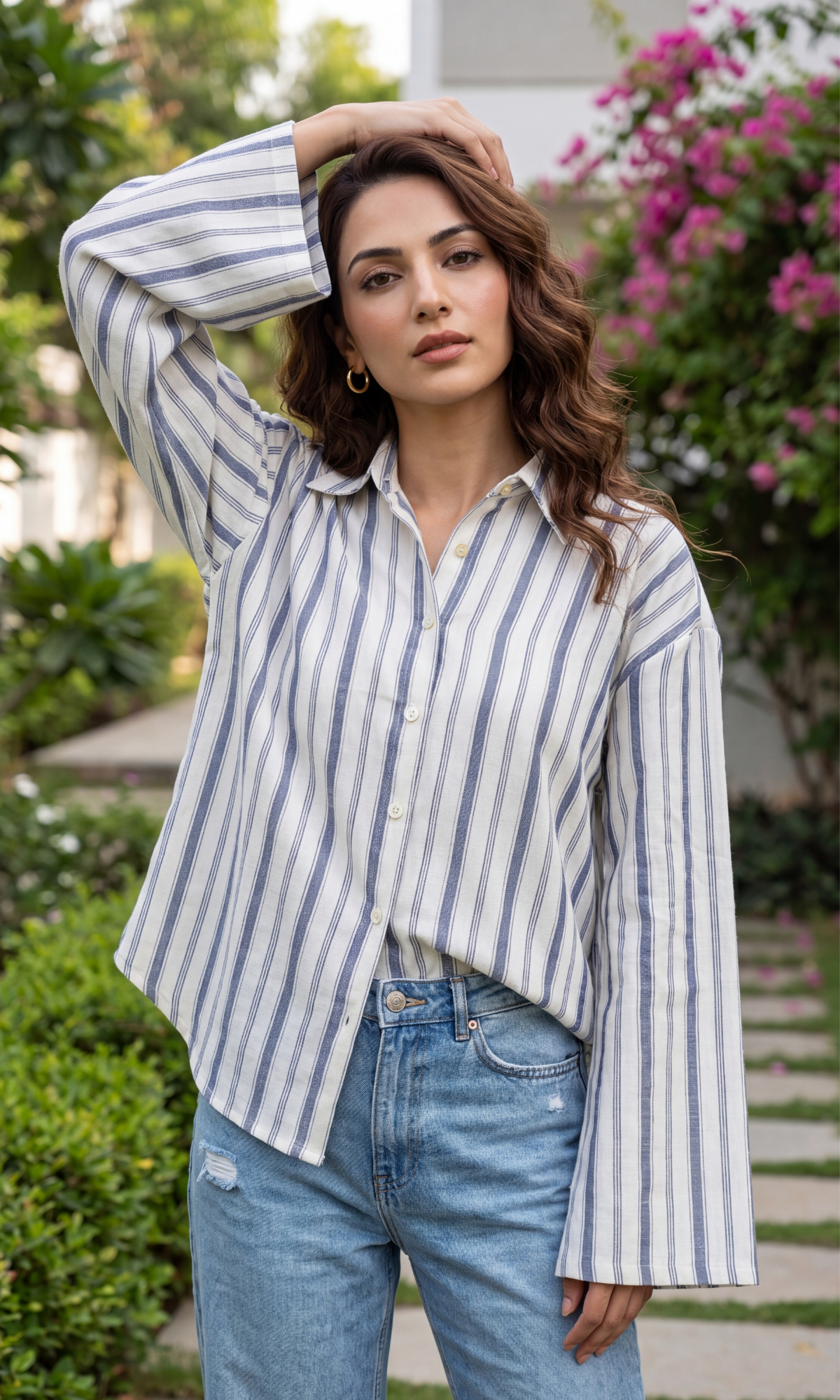 Bluish Linear Flared Sleeve Shirt
