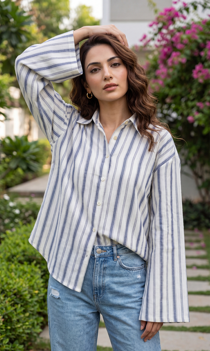 Bluish Linear Flared Sleeve Shirt