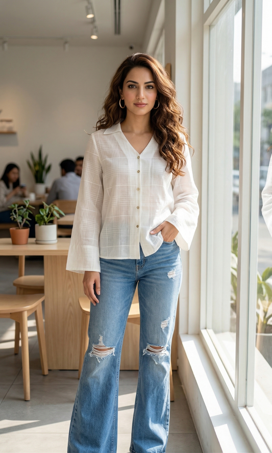 Ivory Textured Flared Sleeve Shirt