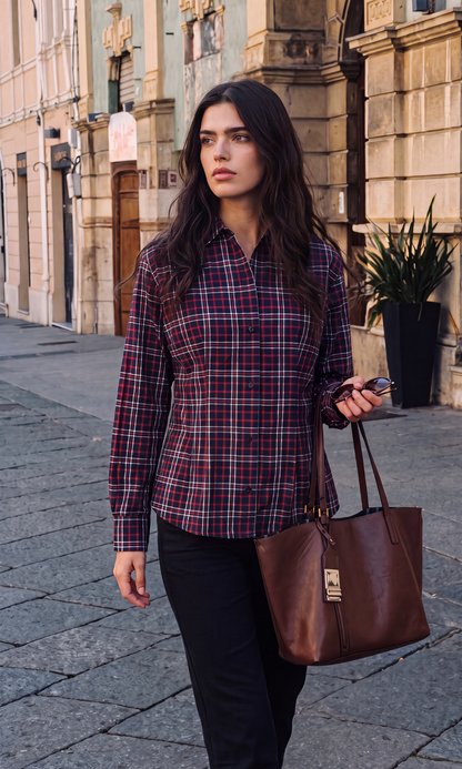 Red Tartan Peplum Pleated Shirt