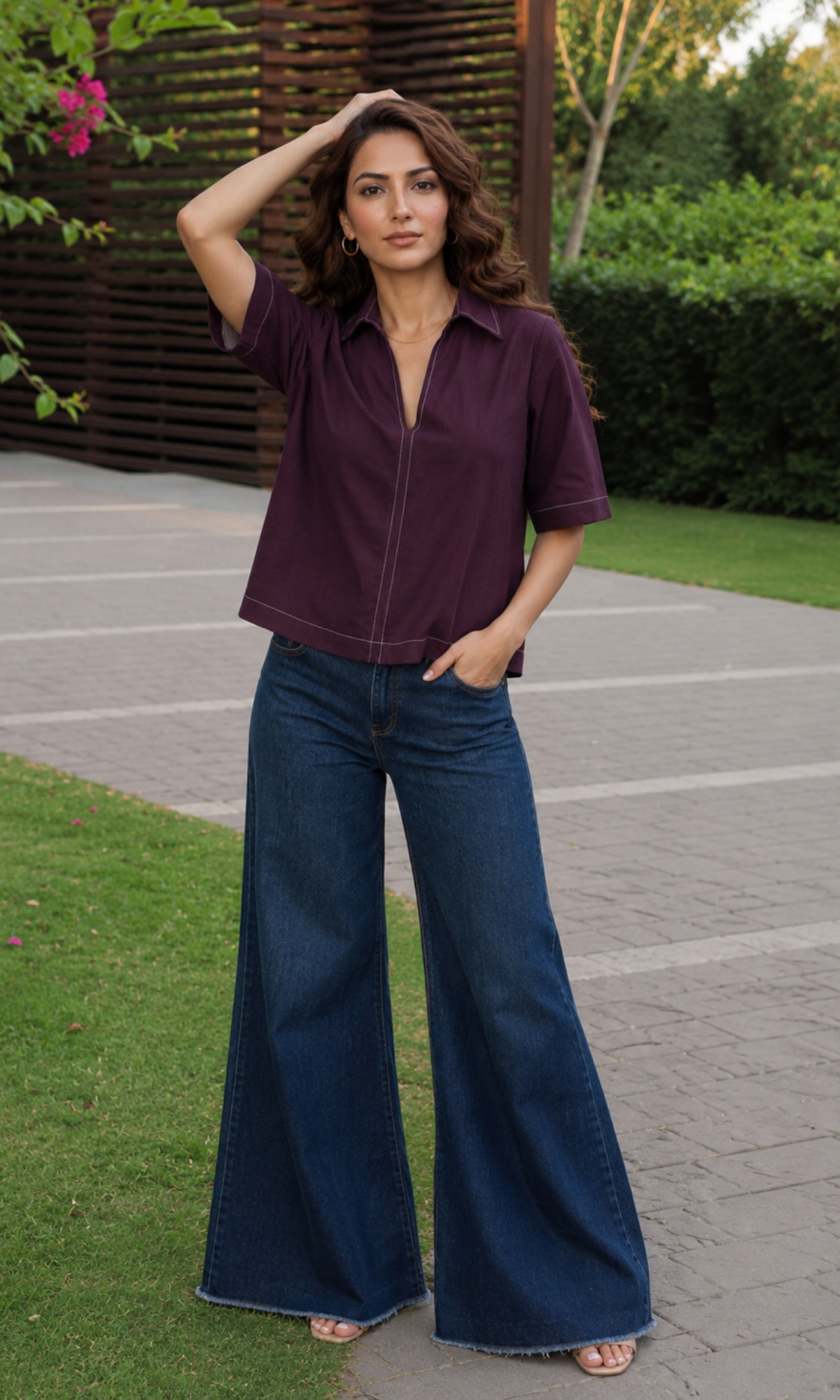 Dark Purple Contrast Stitch Boxy V-Neck Top