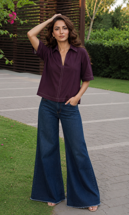 Dark Purple Contrast Stitch Boxy V-Neck Top