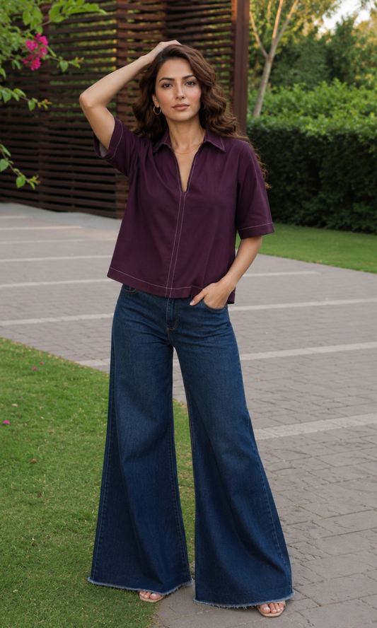 Dark Purple Contrast Stitch Boxy V-Neck Top