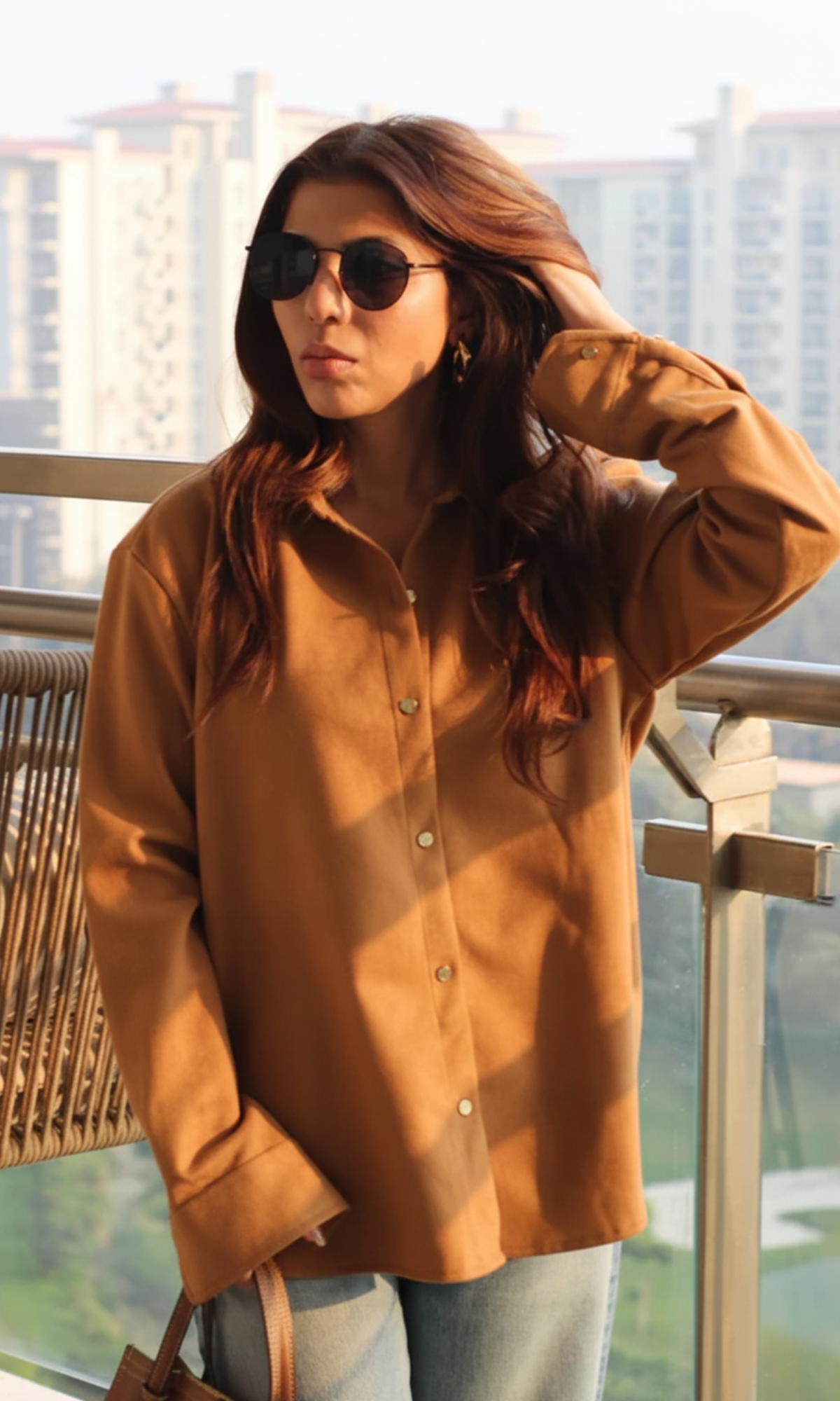Soft Brown Suede Metallic Buttoned Shirt