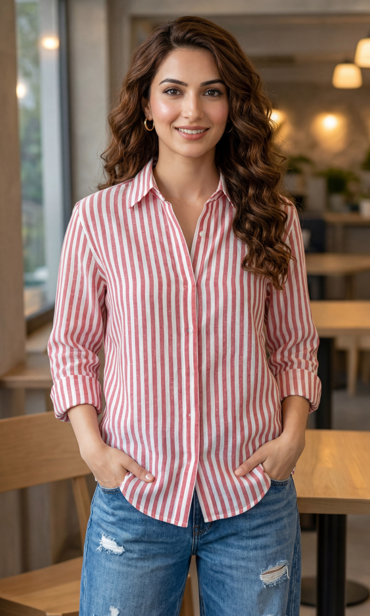 Coral Stripe Loose Shirt