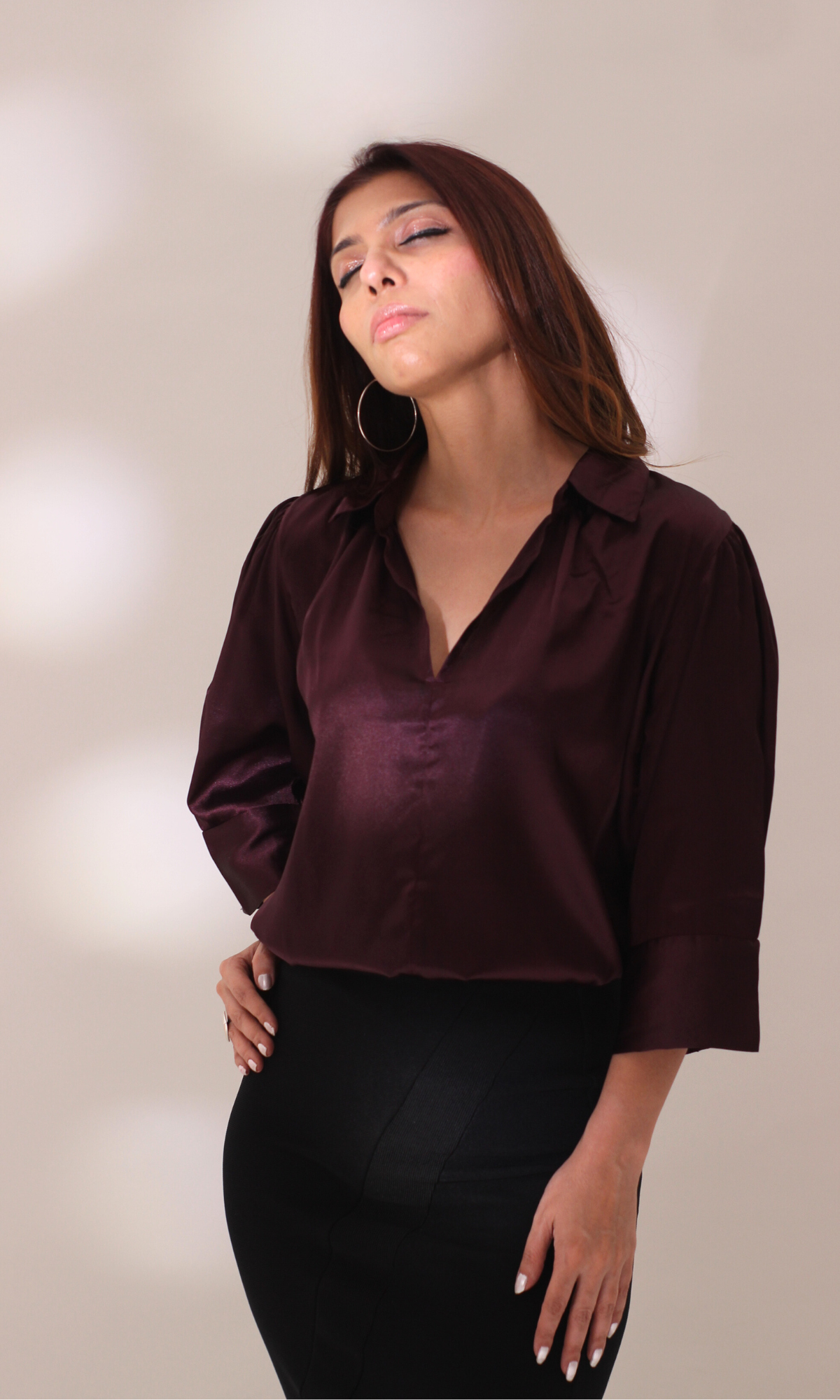 Wine Satin Collared Top