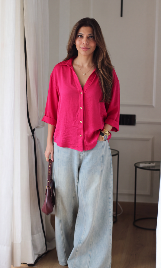 Fuchsia Metallic-Button Boxy Shirt