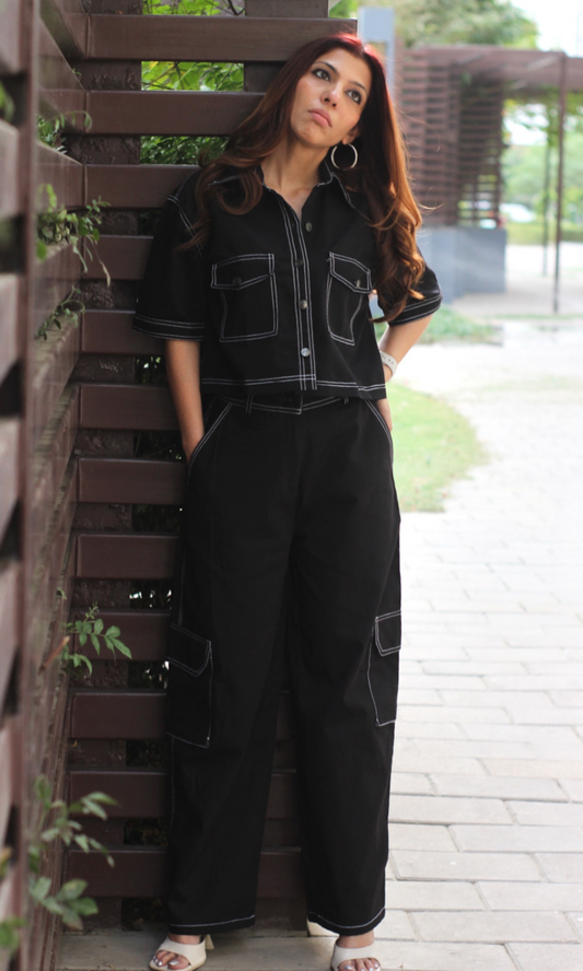 Black Cropped Shirt with Cargo Pants