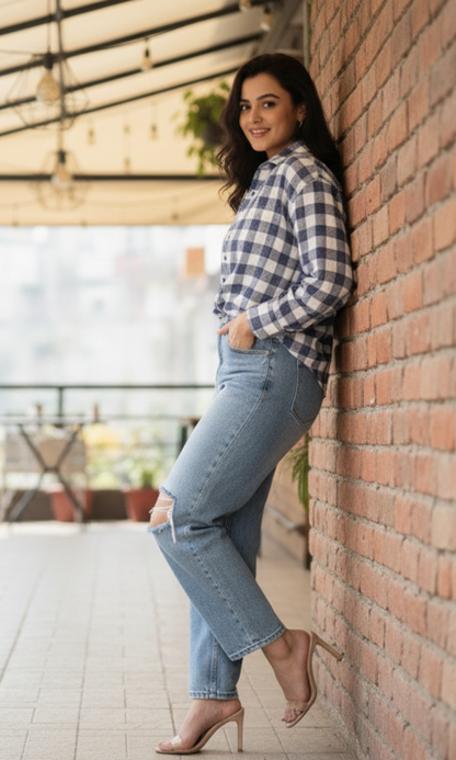 Stylish indigo plaid shirt with block check pattern and collared neckline