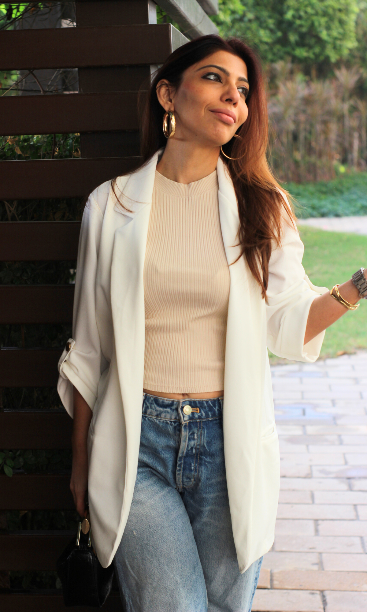 Ivory Rolled-Up Sleeve Blazer Jacket