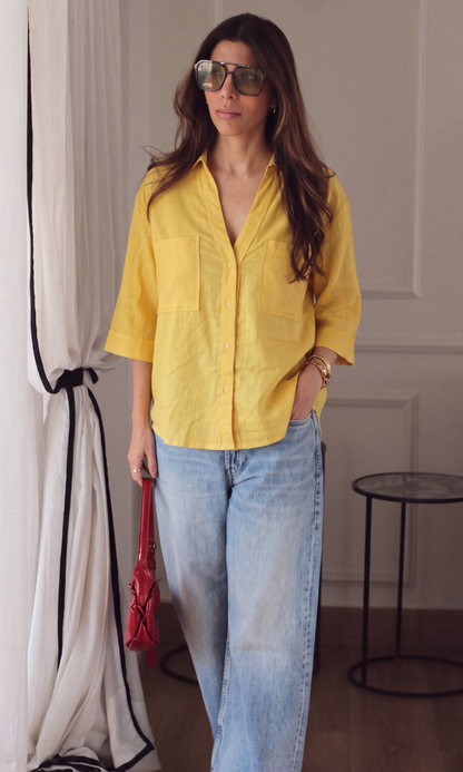 Mustard Textured Cotton Cropped Shirt
