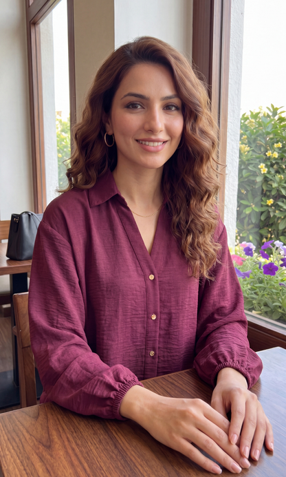 Wine Metallic Buttoned Balloon Sleeved Shirt