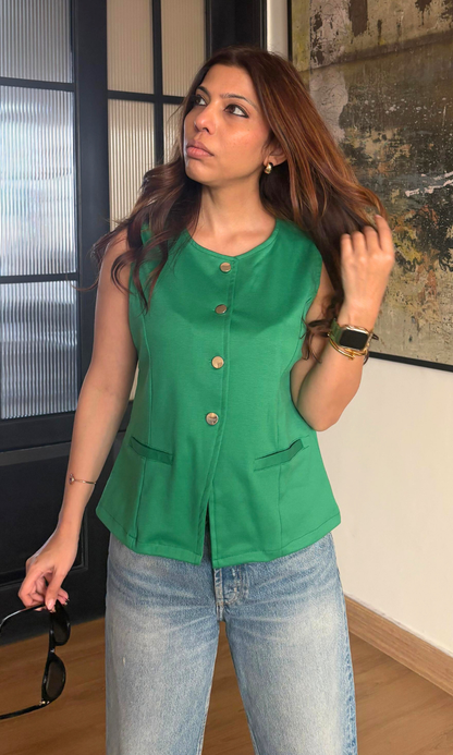 Front view of women’s Kelly round neck waistcoat styled with casual outfit